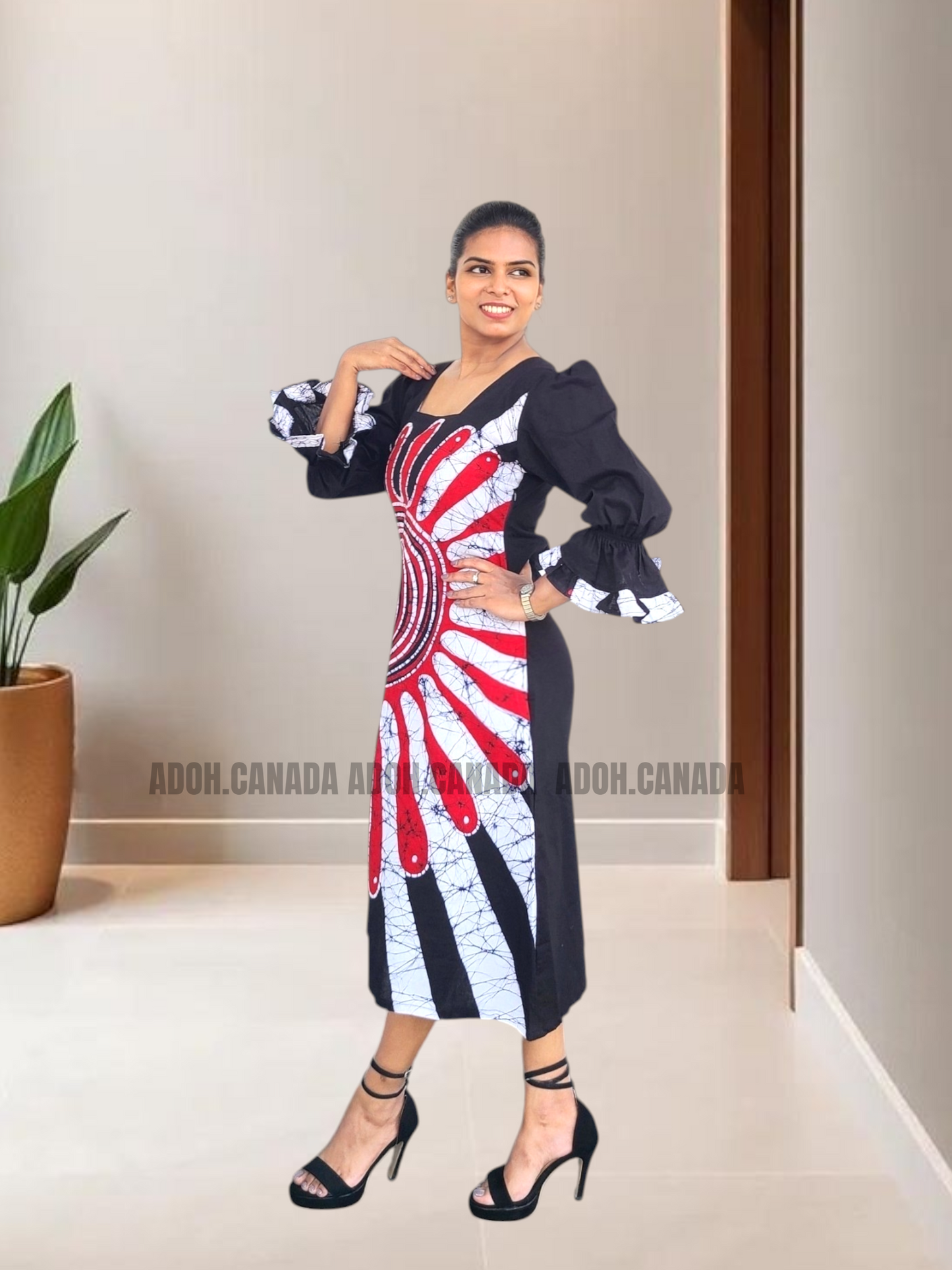 CC1535- Black dress with red and white designed Batik Dress| Ceylon Batik | Hand Made |Summer Collection | Cotton Dress | Summer