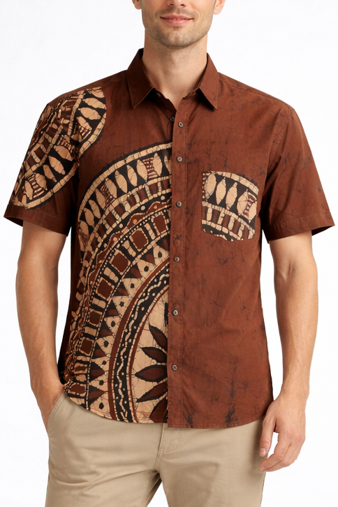 SH1522 - Dark brown shirt with black and baige designed Batik Shirt | Ceylon Batik | Hand Made | Men's Collection | Cotton Shirt | Summer Wear