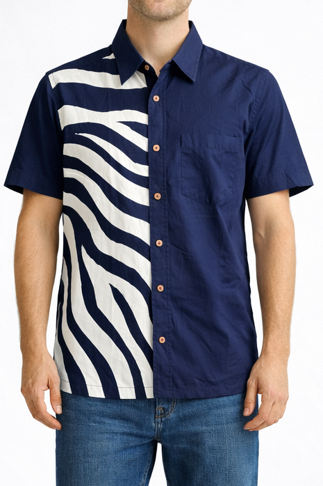 SH1523 - Blue shirt with white designed Batik Shirt | Ceylon Batik | Hand Made | Men's Collection | Cotton Shirt | Summer Wear