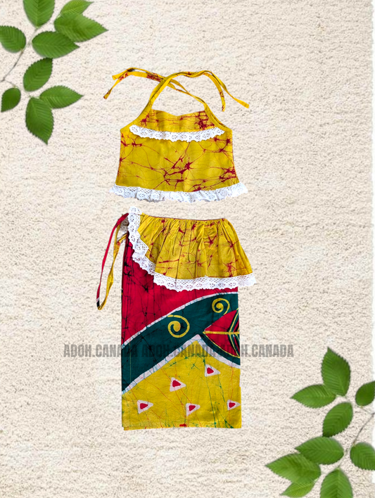 KG1553 - Yellow with green and hot pink designed Lama Saree ( Kids Redda Hatte)| Ceylon Batik | Hand Made | Kids Collection | Summer Collection | Cotton Lama Saree | Kids Redda Hatte | Casual wear