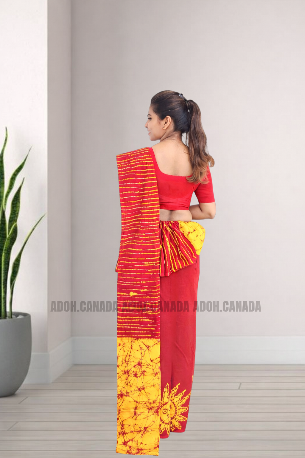 MU1570|Red with yellow sun designed Kandyan Made-up|Ceylon Batik| Cotton Kandyan Made-up Saree| Exclusive Designer Wear | Kandyan Made-up