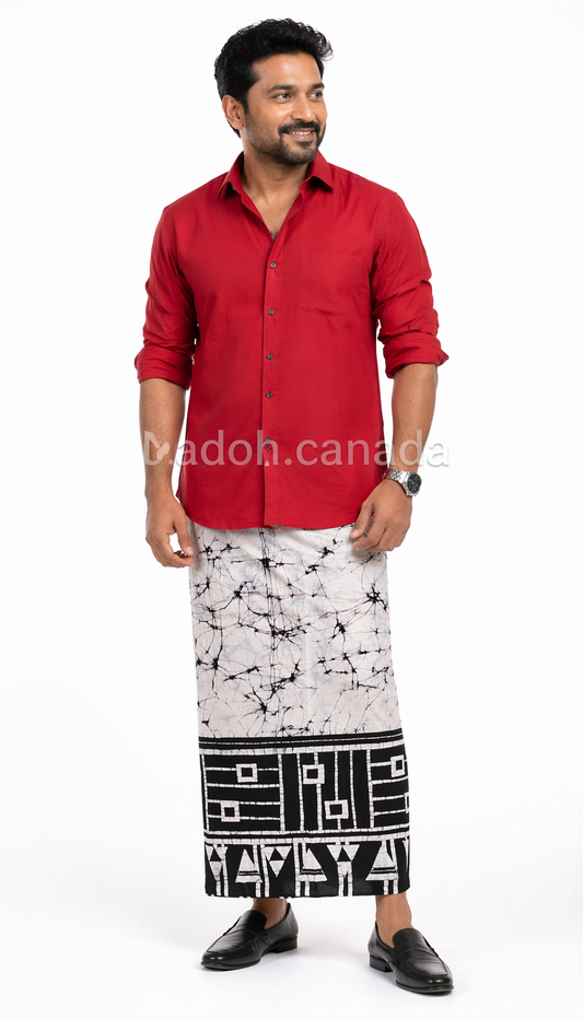 CSA1699 - White sarong with black strip border design| Ceylon Batik | Hand Made | Men's Collection | Cotton Sarong| Summer Wear | Party Wear