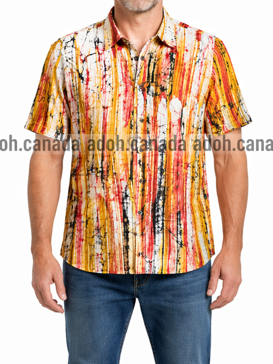 SH0000 -Yellow red black and white designed Batik Shirt | Ceylon Batik | Hand Made | Men's Collection | Cotton Shirt | Summer Wear