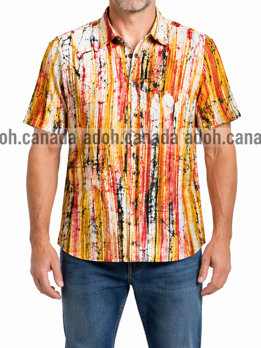 SH0000 -Yellow red black and white designed Batik Shirt | Ceylon Batik | Hand Made | Men's Collection | Cotton Shirt | Summer Wear
