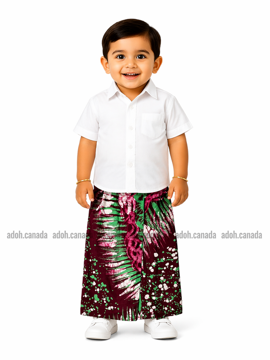 KSA1595 - Dark maroon with white and green design sarong| Ceylon Batik | Hand Made | Kid's Collection | Cotton Sarong| Summer Wear | Cultural