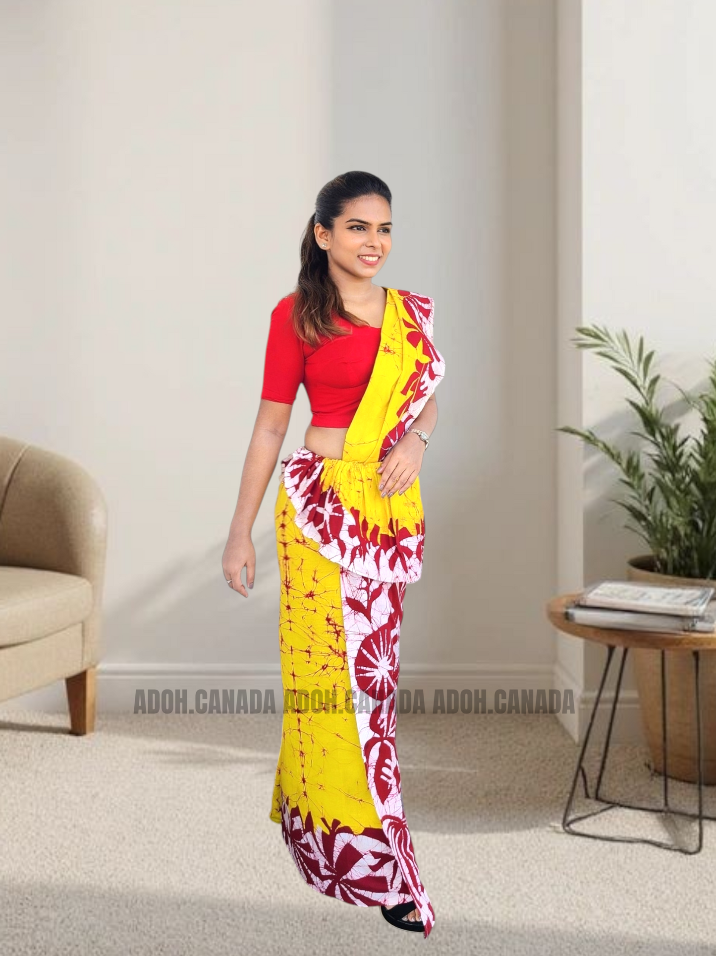 MU1567|Yellow with red and white designed Kandyan Made-up|Ceylon Batik| Cotton Kandyan Made-up Saree| Exclusive Designer Wear | Kandyan Made-up