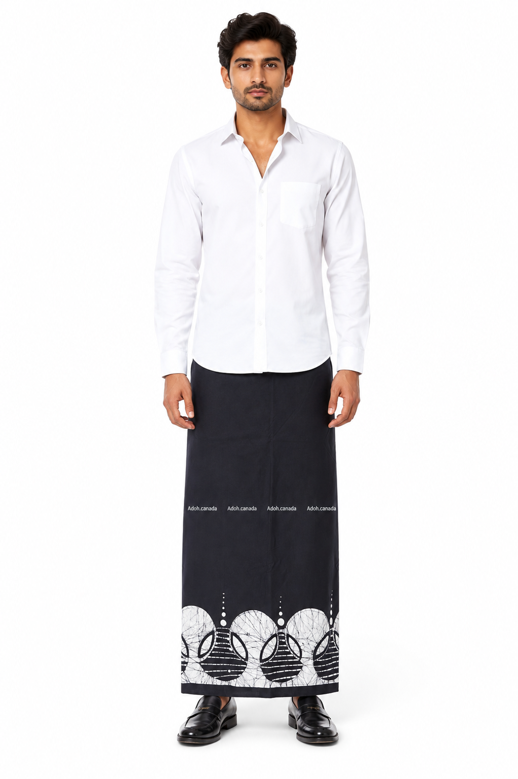 CSA1616 - Black sarong with white border design| Ceylon Batik | Hand Made | Men's Collection | Cotton Sarong| Summer Wear | Party Wear