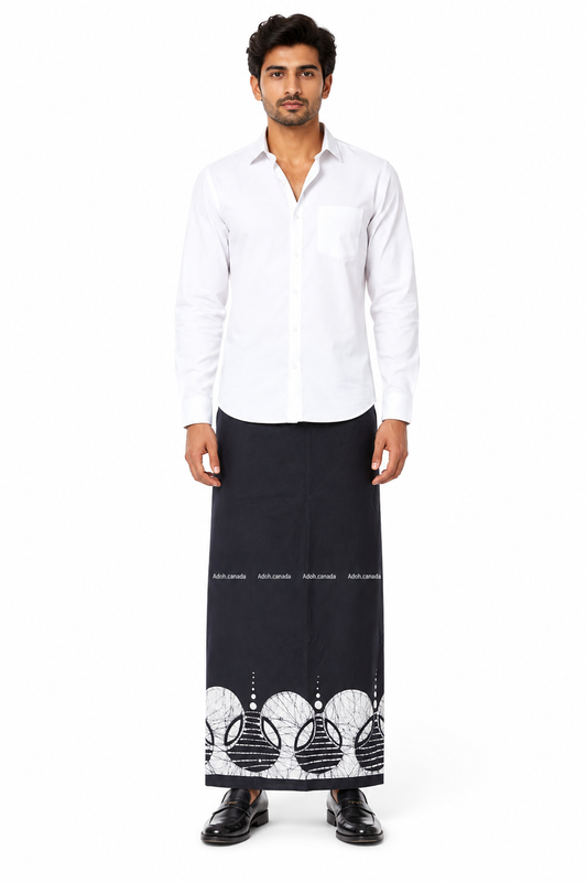 CSA1616 - Black sarong with white border design| Ceylon Batik | Hand Made | Men's Collection | Cotton Sarong| Summer Wear | Party Wear