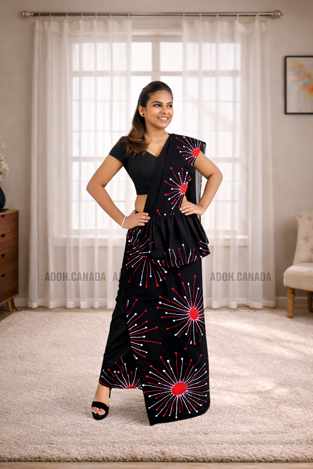 MU1566|Black with red designed Kandyan Made-up|Ceylon Batik| Cotton Kandyan Made-up Saree| Exclusive Designer Wear | Kandyan Made-up