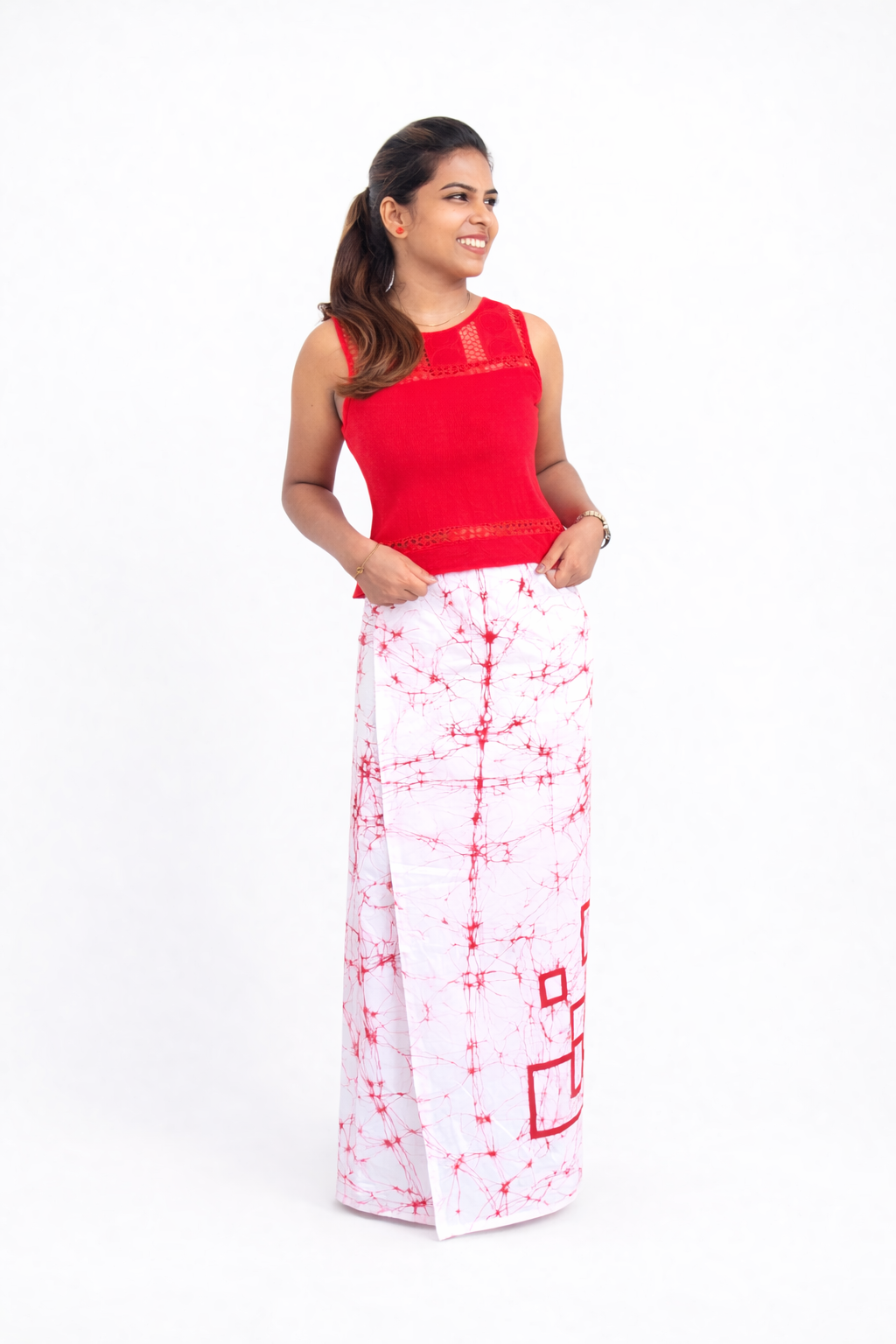 LU1610 - White with red box shape designed Batik Lungi Skirt |Ceylon Batik | Hand Made | Summer Collection | Cotton Batik Lungi | Traditional Collection