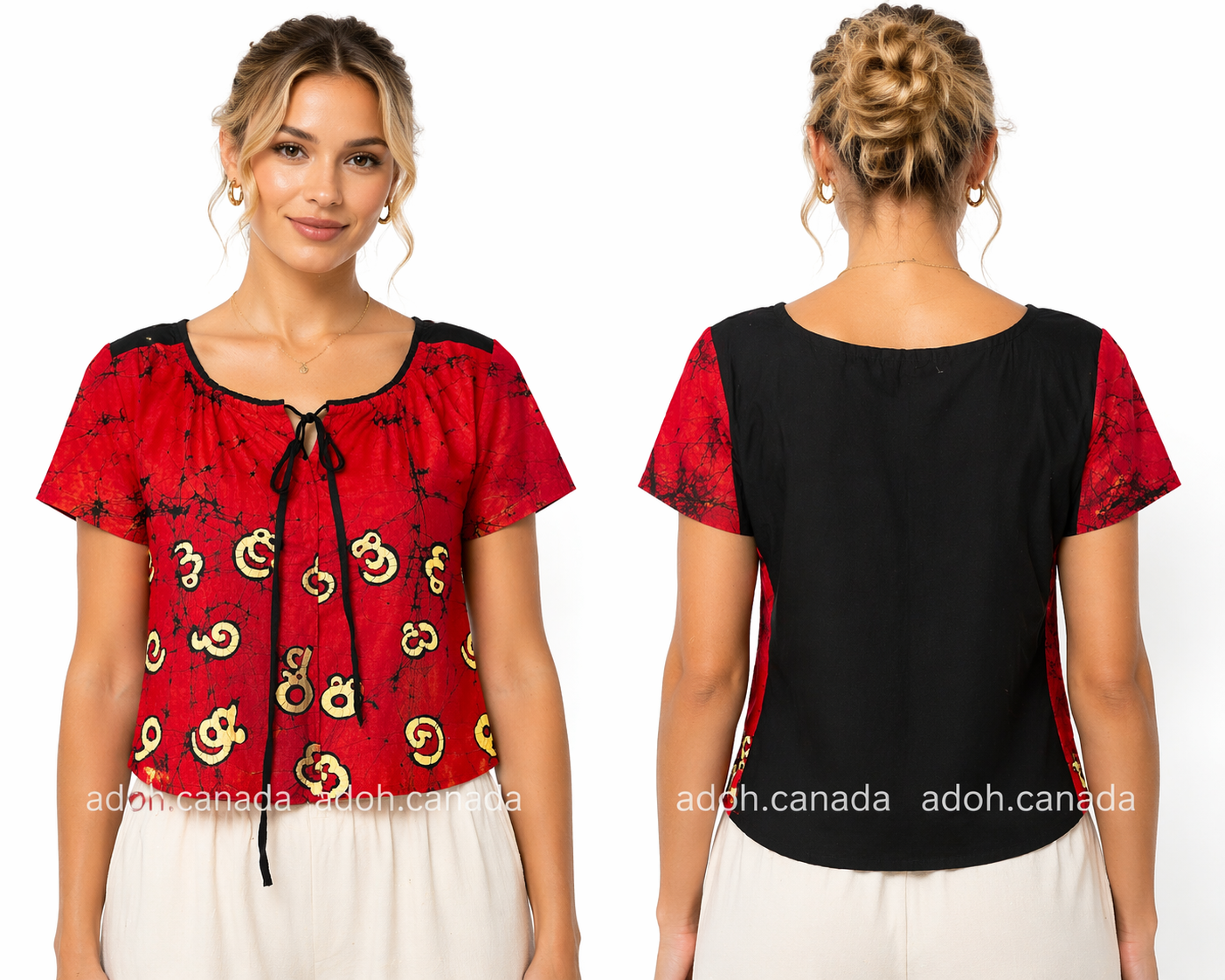 CC1539 - Red Batik Crop Top with off-white sinhala letter design| Ceylon Batik | Hand Made | Summer Collection | Cotton Crop top | Summer wear