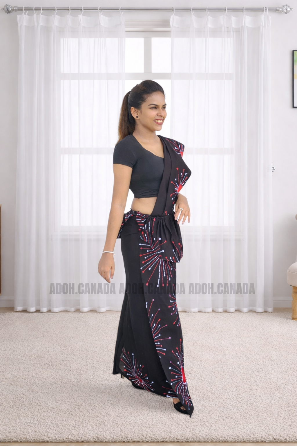 MU1566|Black with red designed Kandyan Made-up|Ceylon Batik| Cotton Kandyan Made-up Saree| Exclusive Designer Wear | Kandyan Made-up