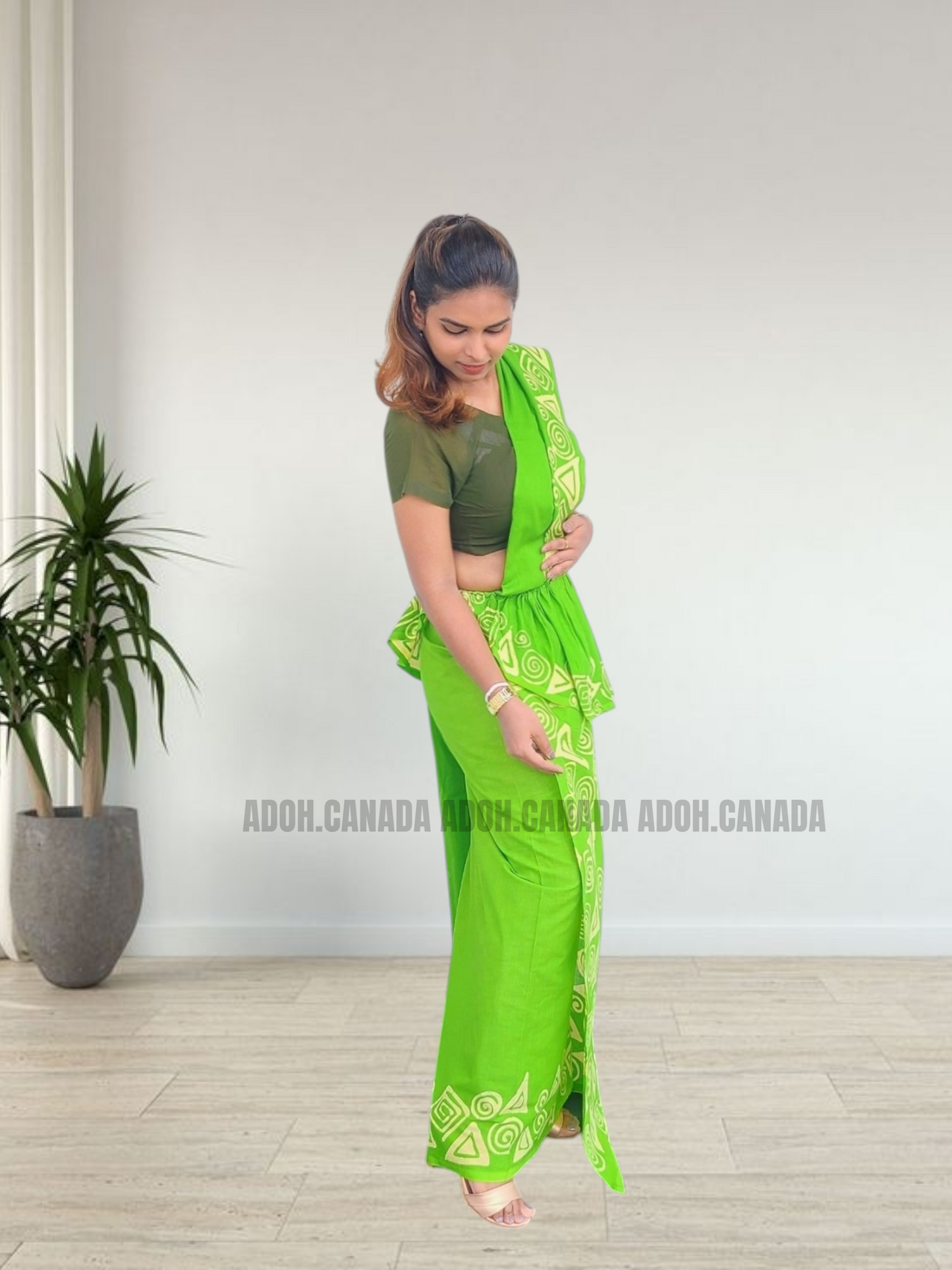 MU1568|Apple green with off-white shapes designed Kandyan Made-up|Ceylon Batik| Cotton Kandyan Made-up Saree| Exclusive Designer Wear | Kandyan Made-up