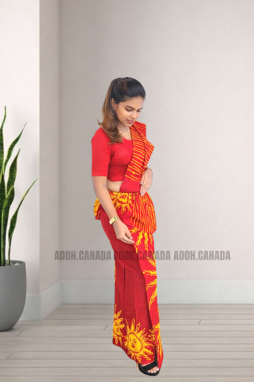 MU1570|Red with yellow sun designed Kandyan Made-up|Ceylon Batik| Cotton Kandyan Made-up Saree| Exclusive Designer Wear | Kandyan Made-up