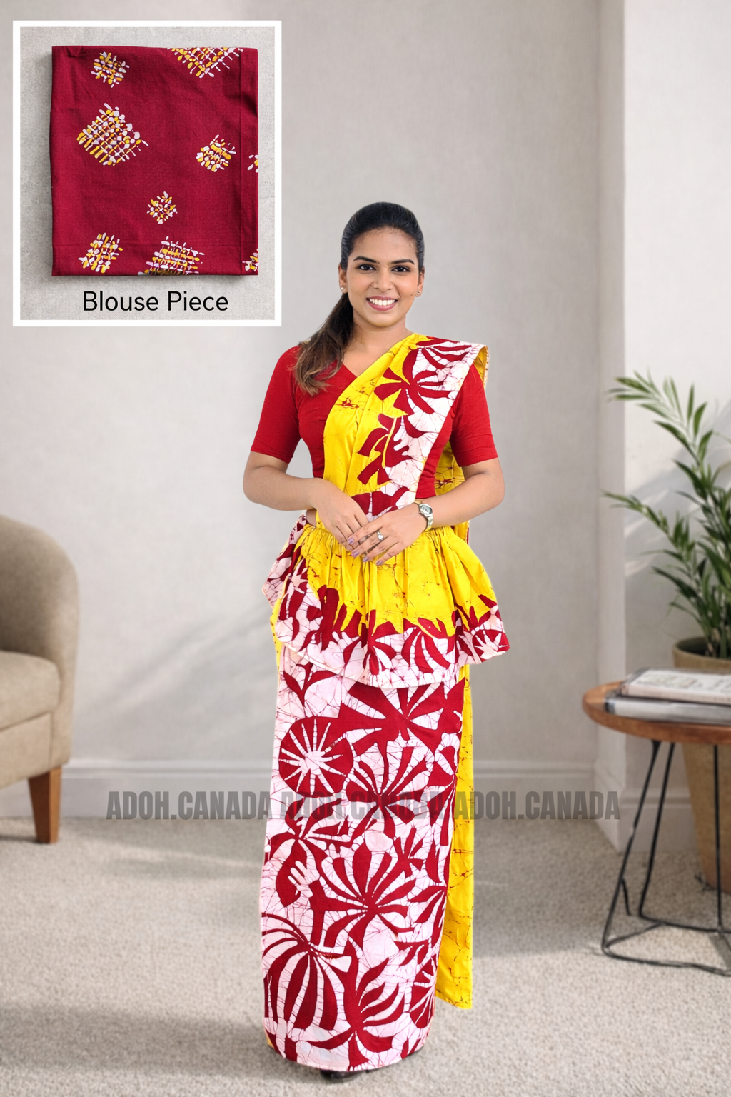 MU1567|Yellow with red and white designed Kandyan Made-up|Ceylon Batik| Cotton Kandyan Made-up Saree| Exclusive Designer Wear | Kandyan Made-up