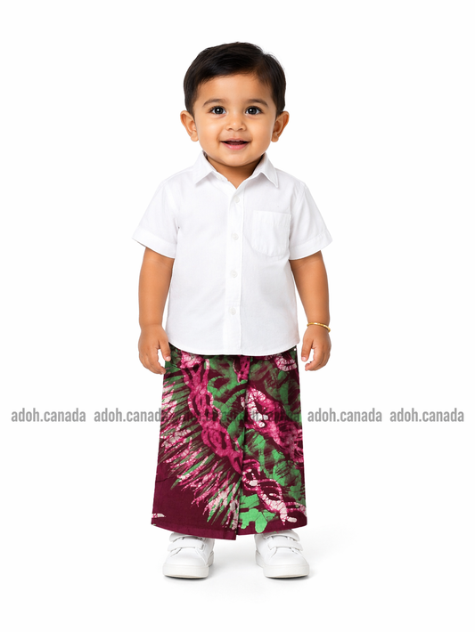 KSA1594 - Dark Maroon with purple and green designed sarong| Ceylon Batik | Hand Made | Kid's Collection | Cotton Sarong| Summer Wear | Cultural