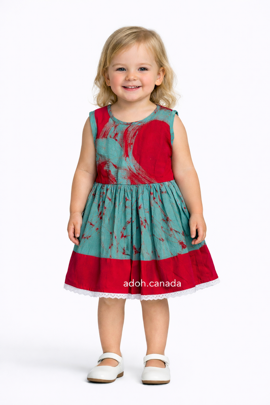 KG1564 - Greenish with red design and cracks dress for kid| Ceylon Batik | Hand Made | Kids Collection | Summer Collection | Cotton Dress | Casual wear