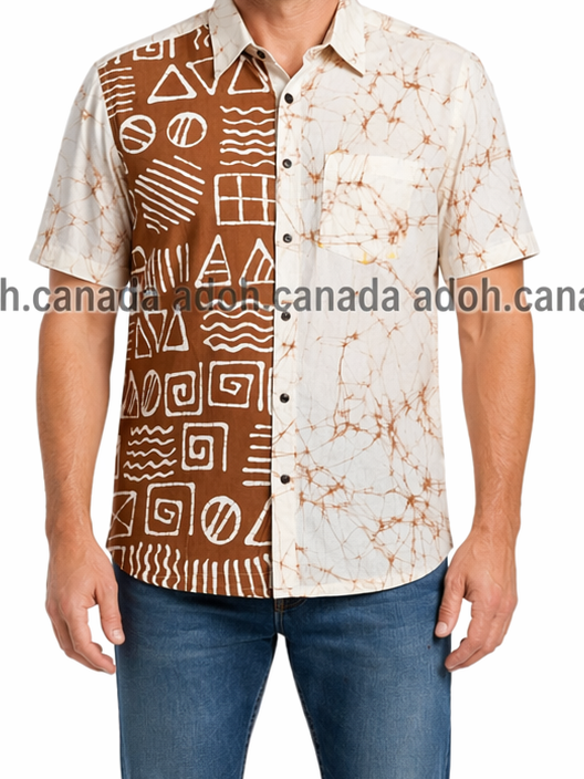 SH1545 -White Shirt with baige & white designed Batik Shirt | Ceylon Batik | Hand Made | Men's Collection | Cotton Shirt | Summer Wear