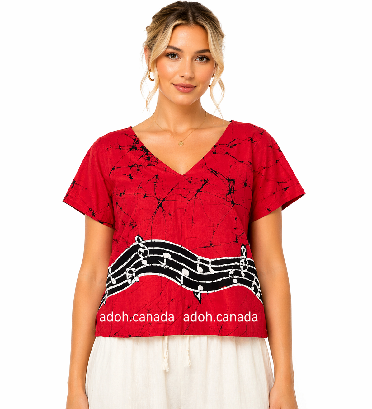 CC1494 - Red Batik Crop Top with music notes design| Ceylon Batik | Hand Made | Summer Collection | Cotton Crop top | Summer wear
