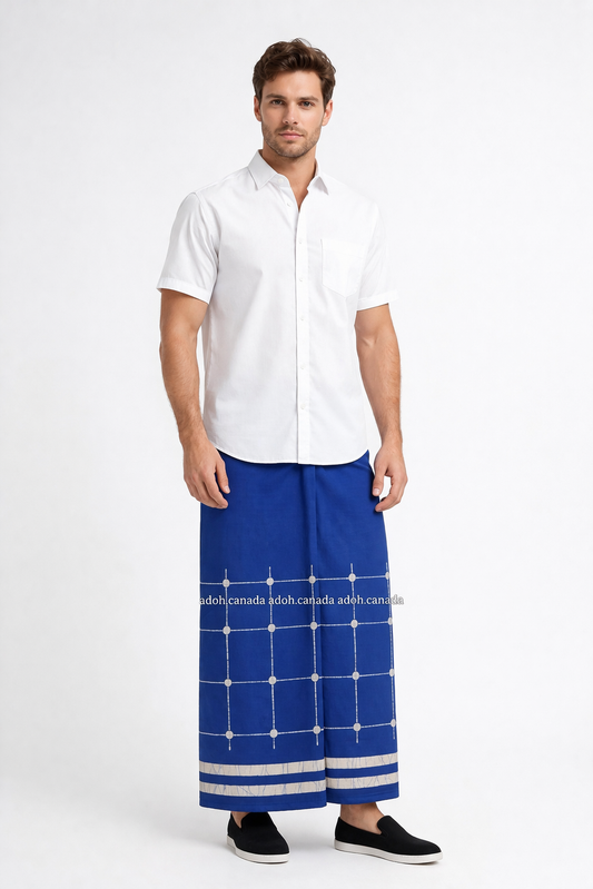 CSA1694 - Light Blue sarong with white squares design| Ceylon Batik | Hand Made | Men's Collection | Cotton Sarong| Summer Wear | Party Wear