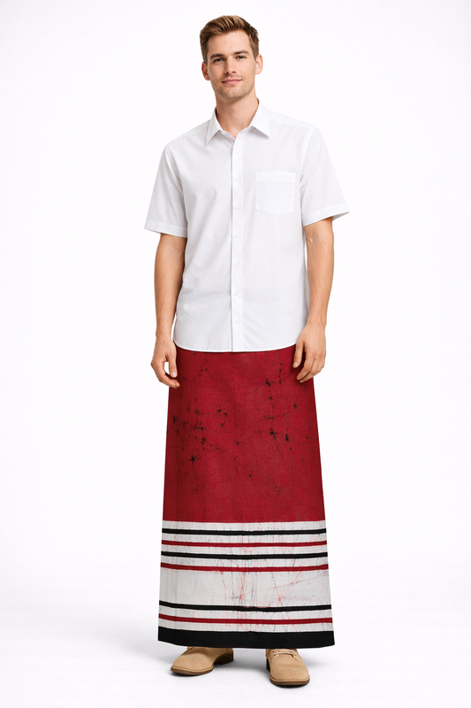 CSA1484 - Red sarong with black and white border design| Ceylon Batik | Hand Made | Men's Collection | Cotton Sarong| Summer Wear | Party Wear