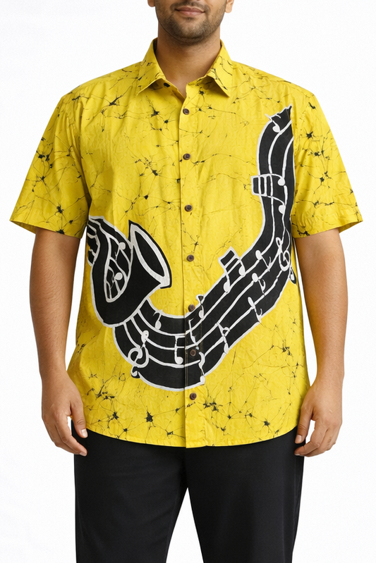 SH1466 -Yellow shirt with Black instrument designed Batik Shirt | Ceylon Batik | Hand Made | Men's Collection | Cotton Shirt | Summer Wear