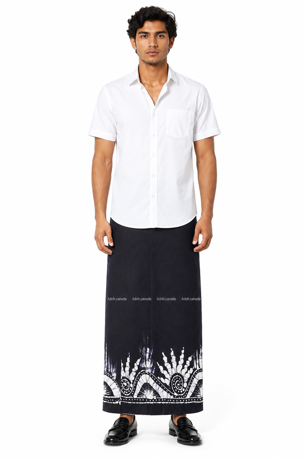CSA1713 - Black sarong with white border design| Ceylon Batik | Hand Made | Men's Collection | Cotton Sarong| Summer Wear | Party Wear