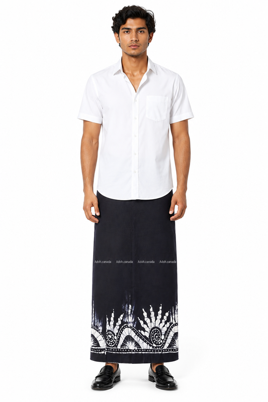 CSA1713 - Black sarong with white border design| Ceylon Batik | Hand Made | Men's Collection | Cotton Sarong| Summer Wear | Party Wear