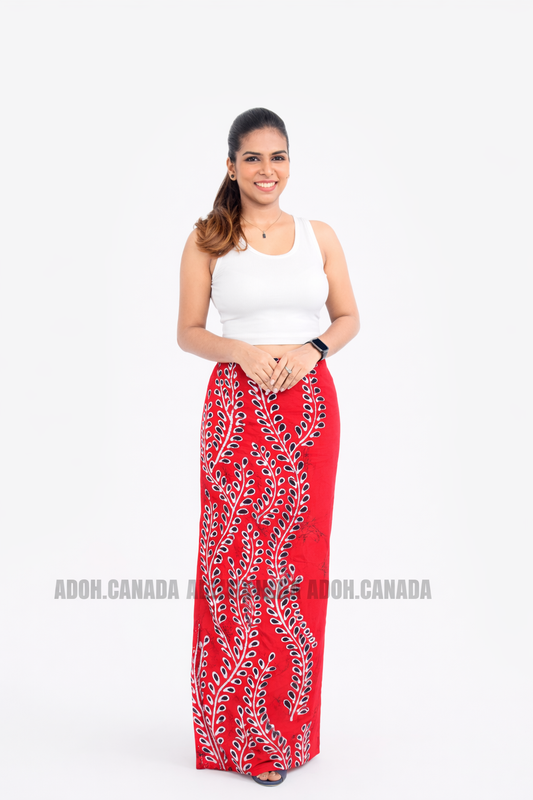 LU1618 - Full red with white leafy designed Batik Lungi Skirt |Ceylon Batik | Hand Made | Summer Collection | Cotton Batik Lungi | Traditional Collection
