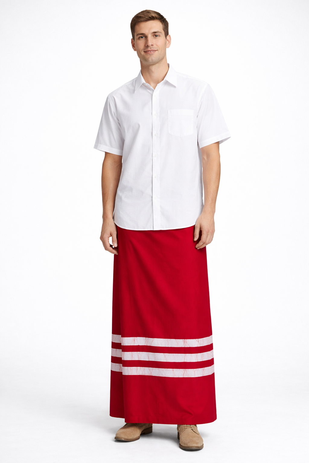 CSA1575 - Red sarong with white strips border design| Ceylon Batik | Hand Made | Men's Collection | Cotton Sarong| Summer Wear | Party Wear