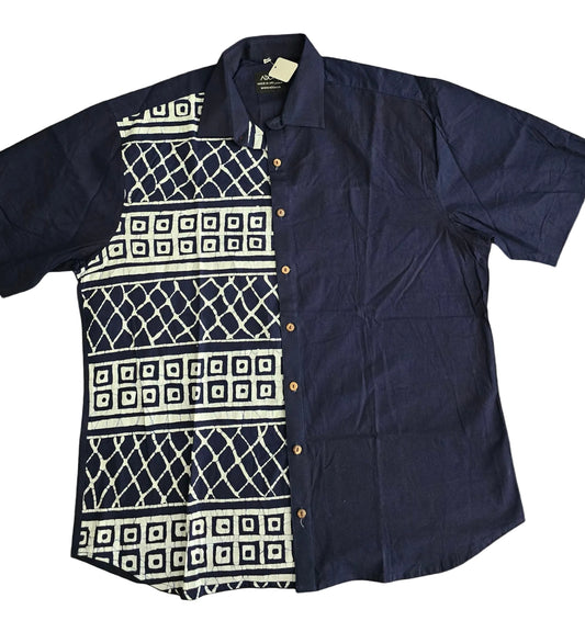 SH1150 -Dark blue with white designed Batik Shirt | Ceylon Batik | Hand Made | Men's Collection | Cotton Shirt | Summer Wear