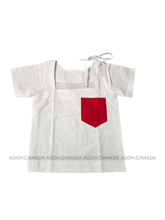 KSH1581 - White with red pocket designed Shirt | Ceylon Batik | Hand Made | Kids Collection | Kid's Shirt |Cotton Shirt | Summer Wear