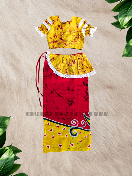 KG1556 - Yellow with hot pink and green designed Lama Saree ( Kids Redda Hatte)| Ceylon Batik | Hand Made | Kids Collection | Summer Collection | Cotton Lama Saree | Kids Redda Hatte | Casual wear