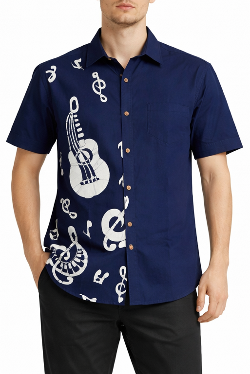 SH1468 -Dark blue shirt with white musical notes designed Batik Shirt | Ceylon Batik | Hand Made | Men's Collection | Cotton Shirt | Summer Wear