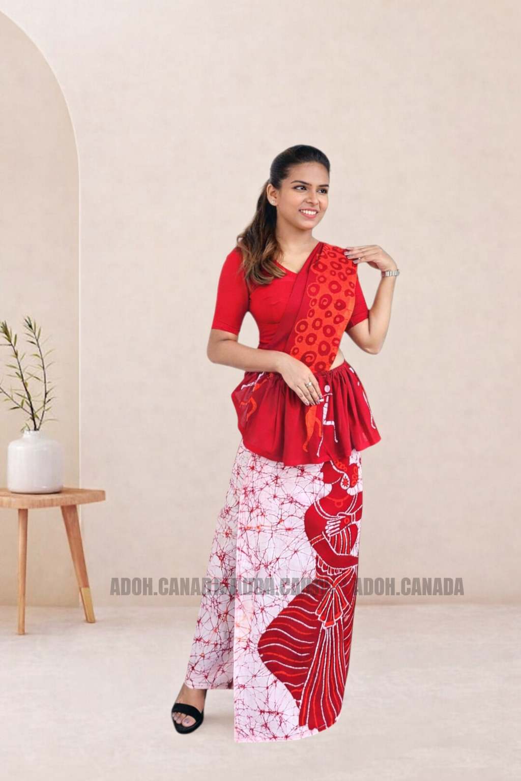 MU1571|Red with white and red lady designed Kandyan Made-up|Ceylon Batik| Cotton Kandyan Made-up Saree| Exclusive Designer Wear | Kandyan Made-up