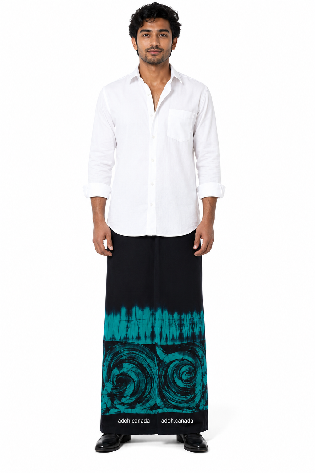CSA1722 - Black sarong with sea greenish border design| Ceylon Batik | Hand Made | Men's Collection | Cotton Sarong| Summer Wear | Party Wear