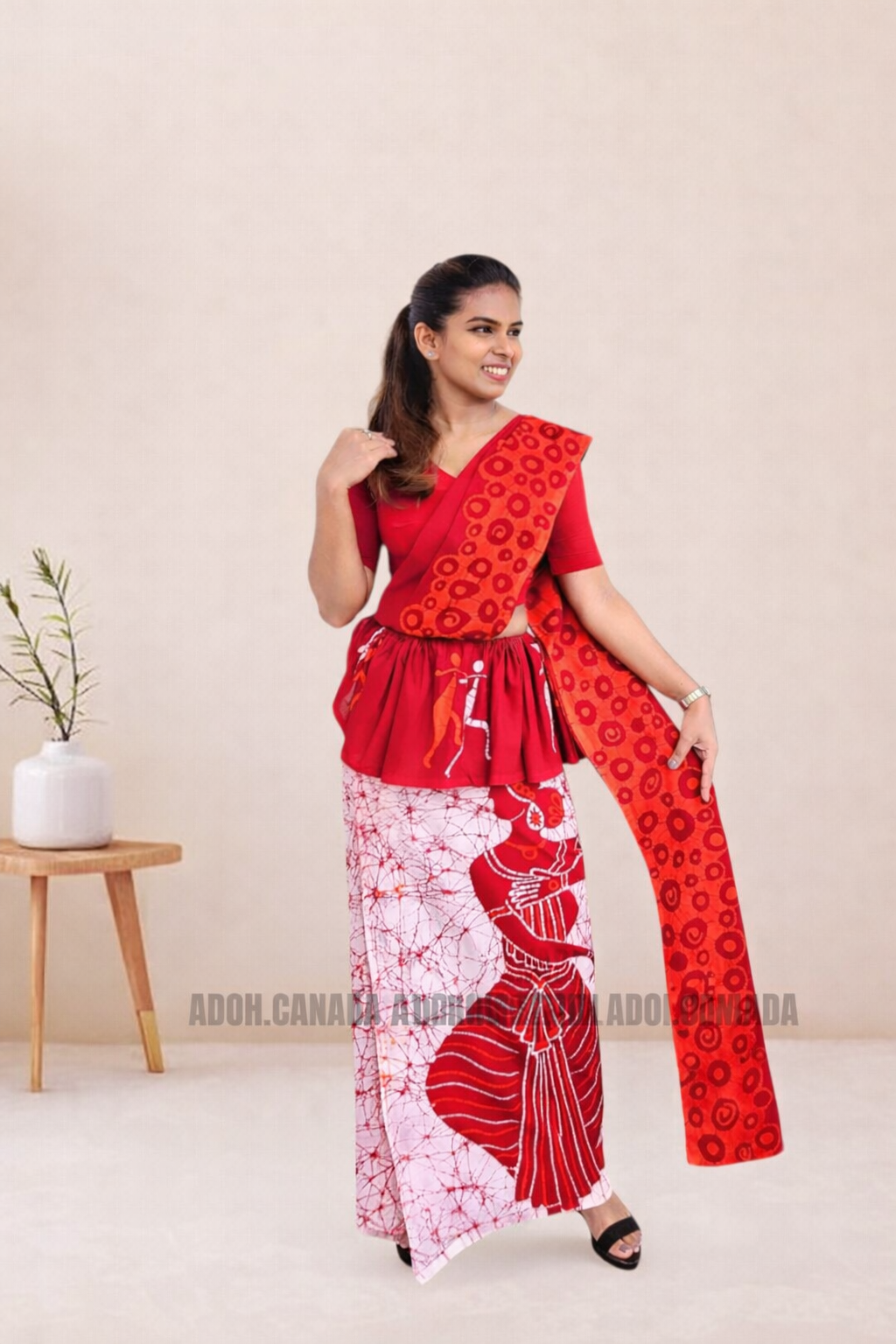 MU1571|Red with white and red lady designed Kandyan Made-up|Ceylon Batik| Cotton Kandyan Made-up Saree| Exclusive Designer Wear | Kandyan Made-up