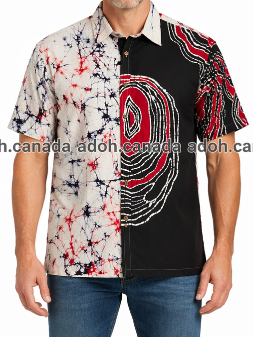 SH1676 -White with Black and red designed Batik Shirt | Ceylon Batik | Hand Made | Men's Collection | Cotton Shirt | Summer Wear