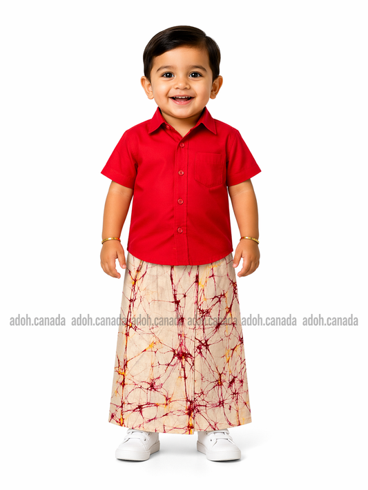 KSA1606 - White with red cracks sarong| Ceylon Batik | Hand Made | Kid's Collection | Cotton Sarong| Summer Wear | Cultural