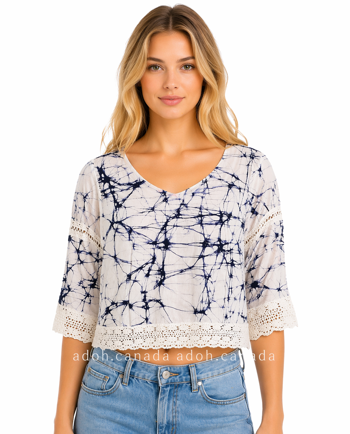 CC1496 - White Batik Crop Top with dark blue cracks design| Ceylon Batik | Hand Made | Summer Collection | Cotton Crop top | Summer wear