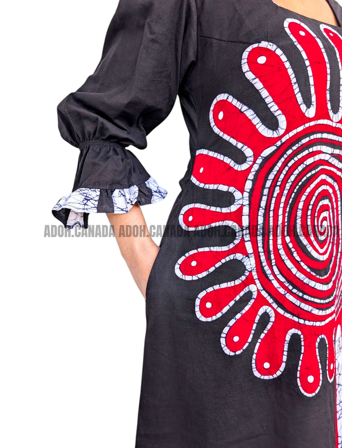 CC1535- Black dress with red and white designed Batik Dress| Ceylon Batik | Hand Made |Summer Collection | Cotton Dress | Summer