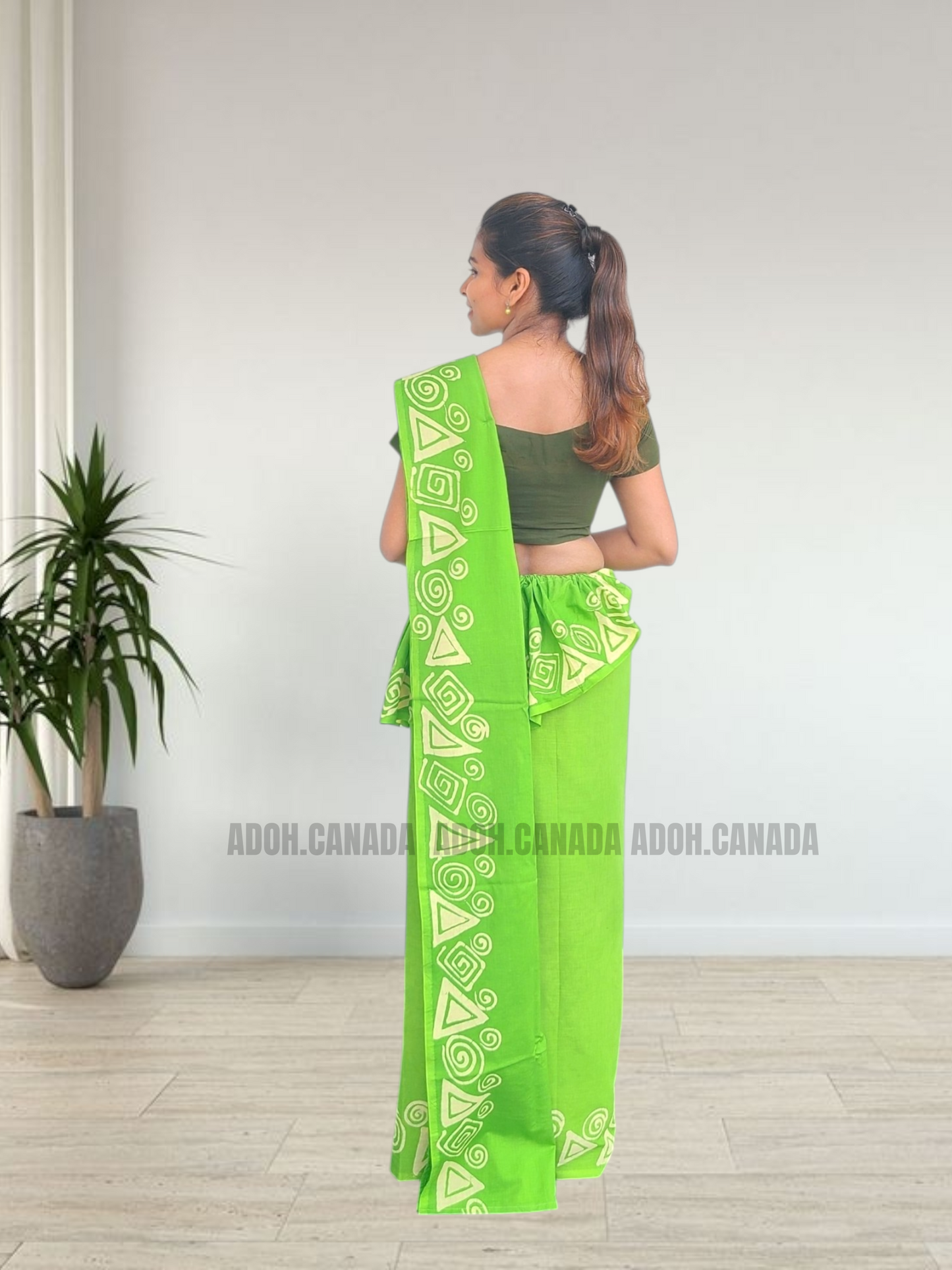 MU1568|Apple green with off-white shapes designed Kandyan Made-up|Ceylon Batik| Cotton Kandyan Made-up Saree| Exclusive Designer Wear | Kandyan Made-up