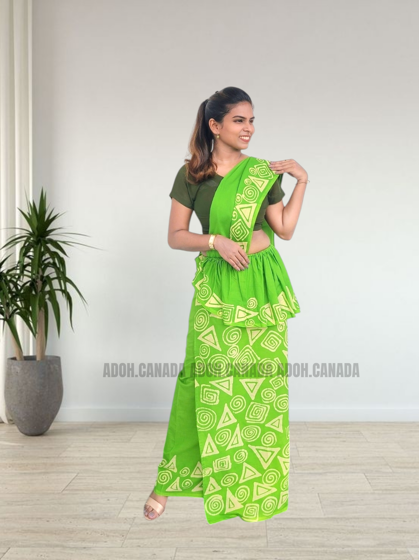MU1568|Apple green with off-white shapes designed Kandyan Made-up|Ceylon Batik| Cotton Kandyan Made-up Saree| Exclusive Designer Wear | Kandyan Made-up