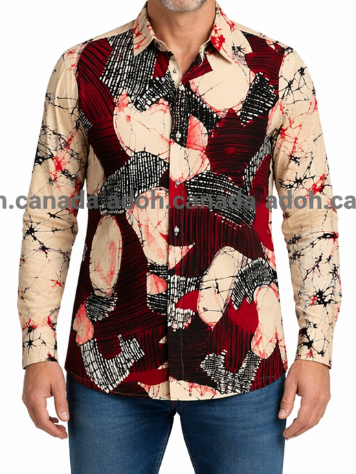 SH1545 -Cream colur shirt with black and red designed Batik Shirt | Ceylon Batik | Hand Made | Men's Collection |Silk Shirt | Summer Wear | Party wear