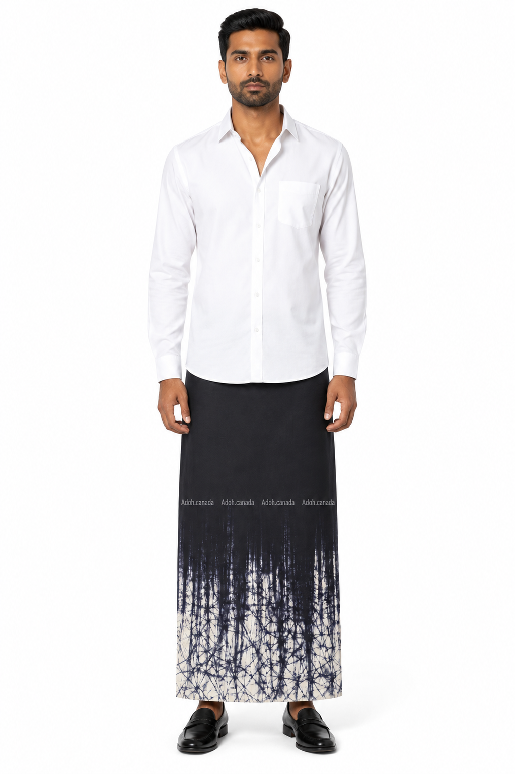 CSA1714 - Black sarong with white border design| Ceylon Batik | Hand Made | Men's Collection | Cotton Sarong| Summer Wear | Party Wear