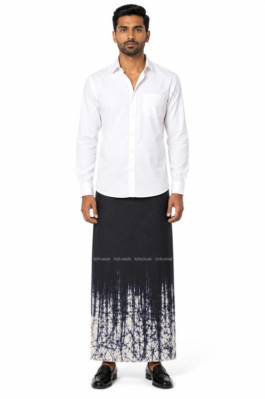 CSA1714 - Black sarong with white border design| Ceylon Batik | Hand Made | Men's Collection | Cotton Sarong| Summer Wear | Party Wear