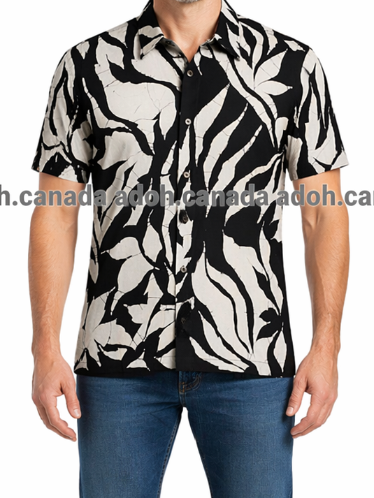 SH1547 -Black and white designed Batik Shirt | Ceylon Batik | Hand Made | Men's Collection | Cotton Shirt | Summer Wear