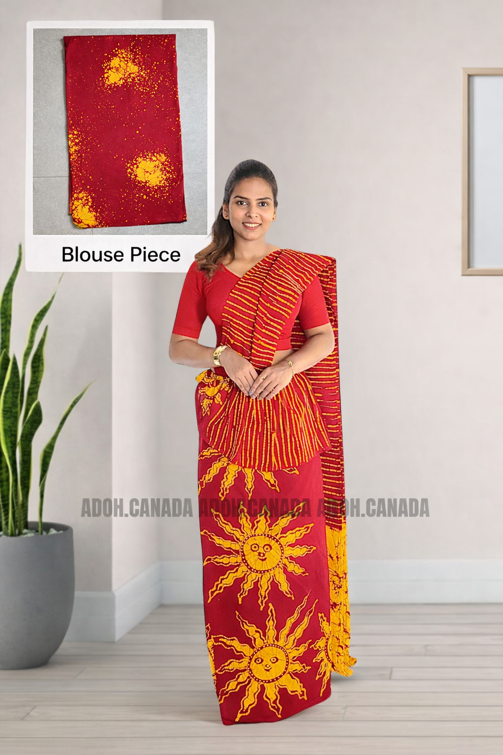 MU1570|Red with yellow sun designed Kandyan Made-up|Ceylon Batik| Cotton Kandyan Made-up Saree| Exclusive Designer Wear | Kandyan Made-up