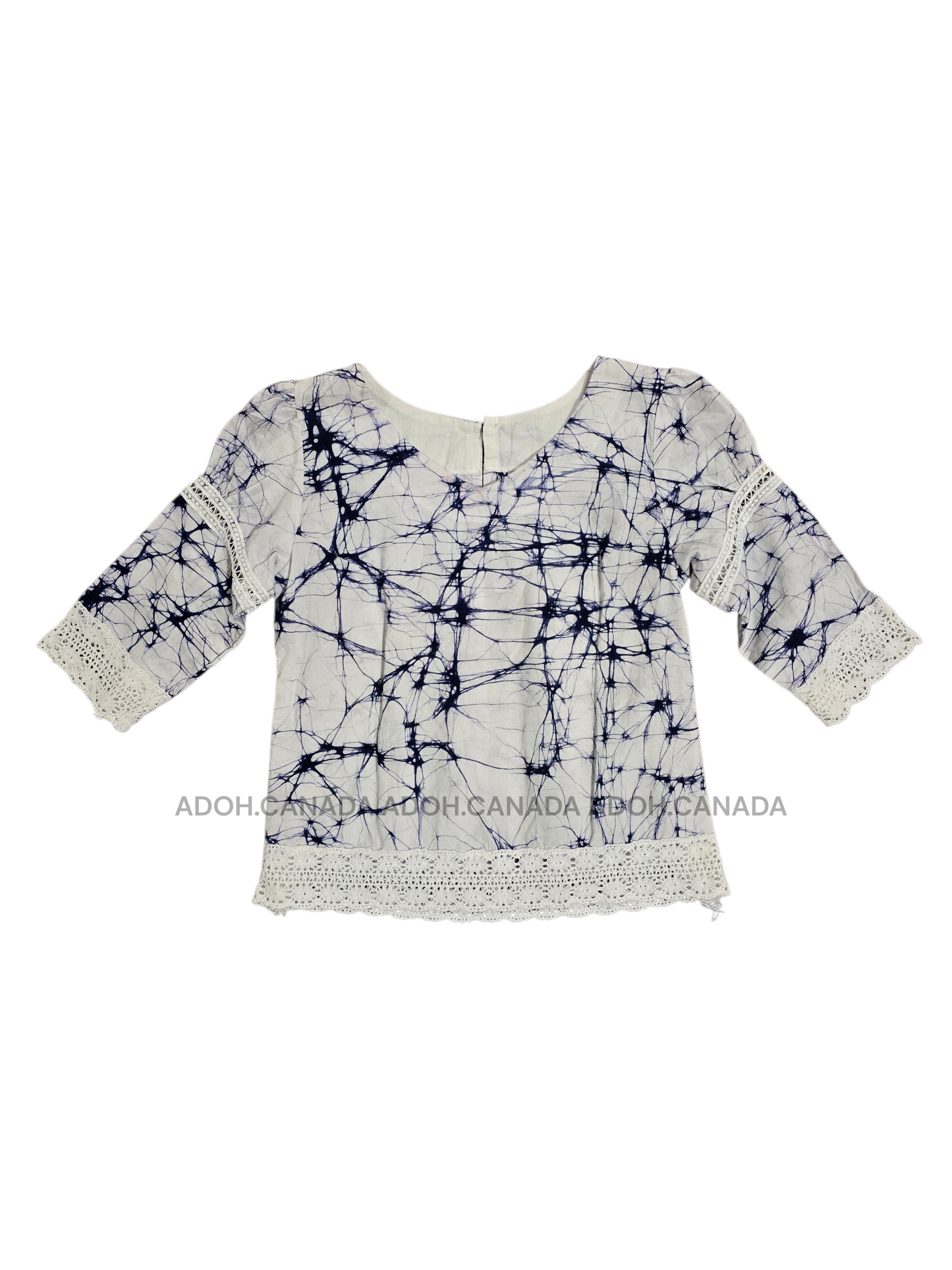 CC1496 - White Batik Crop Top with dark blue cracks design| Ceylon Batik | Hand Made | Summer Collection | Cotton Crop top | Summer wear