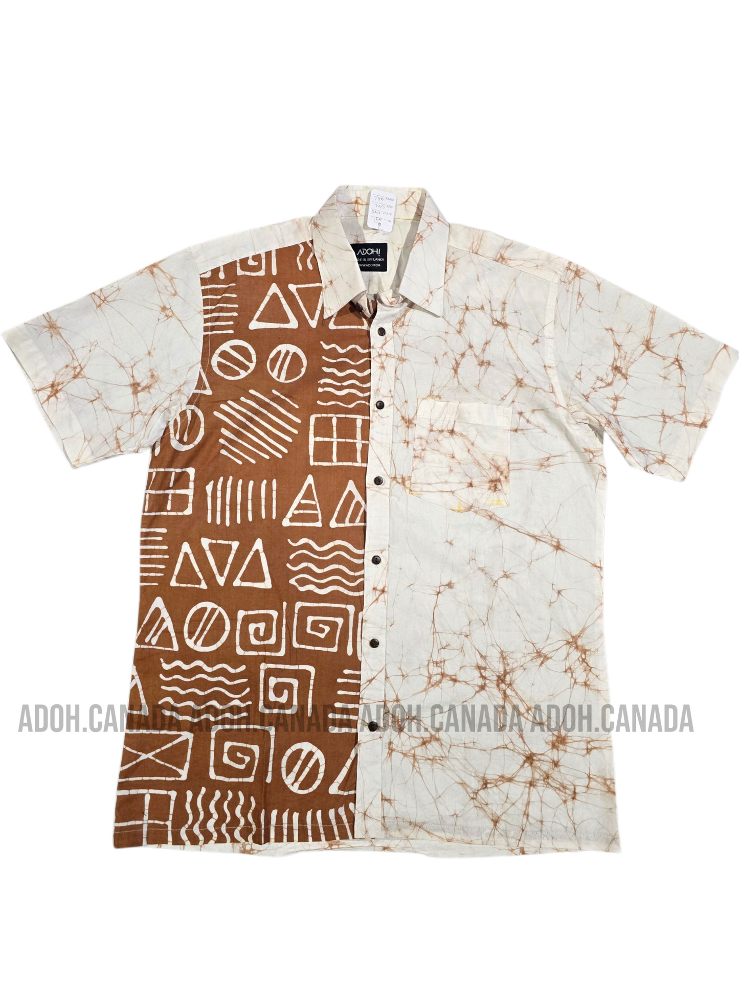 SH1545 -White Shirt with baige & white designed Batik Shirt | Ceylon Batik | Hand Made | Men's Collection | Cotton Shirt | Summer Wear